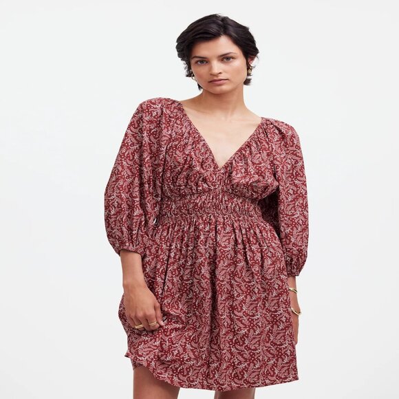 Madewell Dress Womens 6 Burgundy Paisley V-Neck Smocked Waist Long Sleeve Mini - Picture 2 of 11